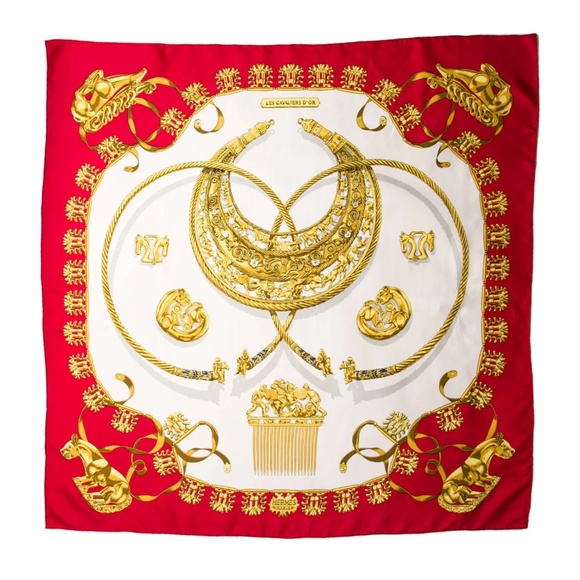 Hermes Women's Les Cavaliers d'Or Silk Scarf Red and Gold - Picture 1 of 11